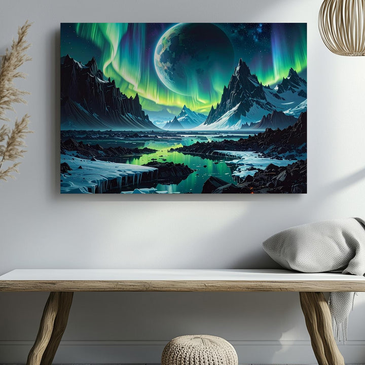 Frozen Alien Landscape Canvas – Icy Mountains and Vibrant Aurora - Gifitto