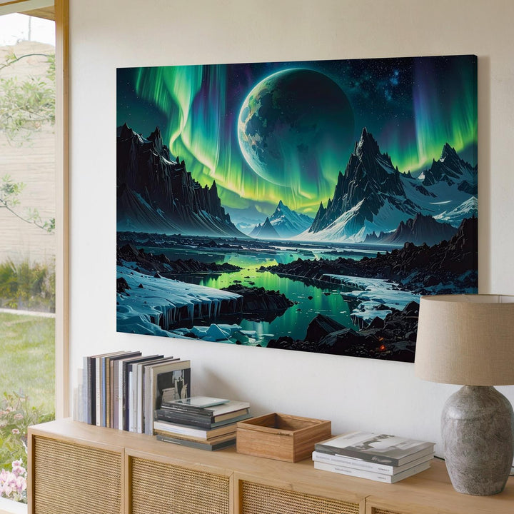 Frozen Alien Landscape Canvas – Icy Mountains and Vibrant Aurora - Gifitto