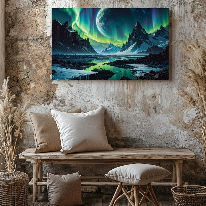 Frozen Alien Landscape Canvas – Icy Mountains and Vibrant Aurora - Gifitto