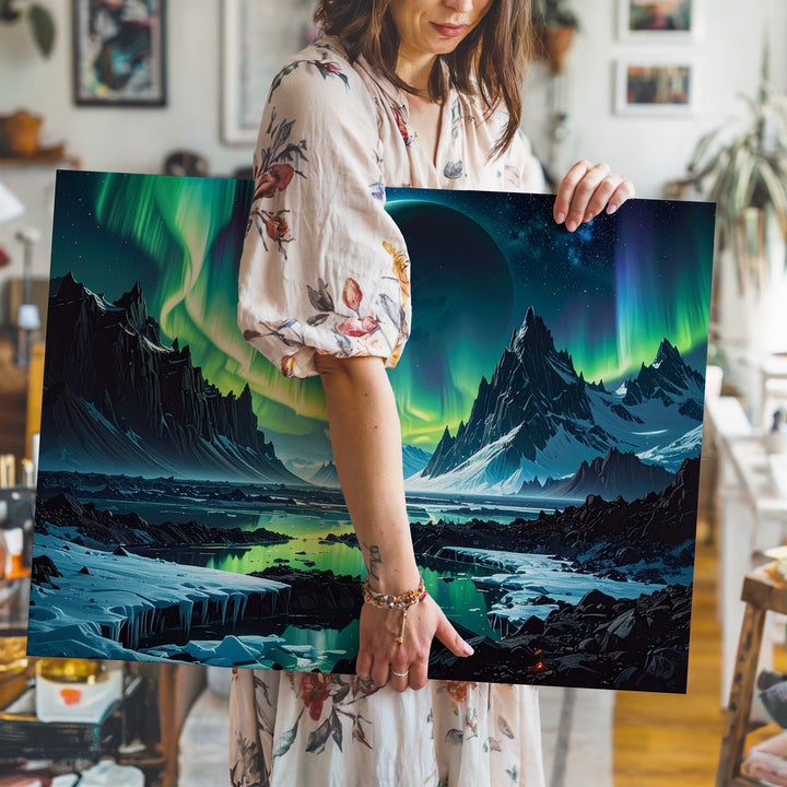 Frozen Alien Landscape Canvas – Icy Mountains and Vibrant Aurora - Gifitto
