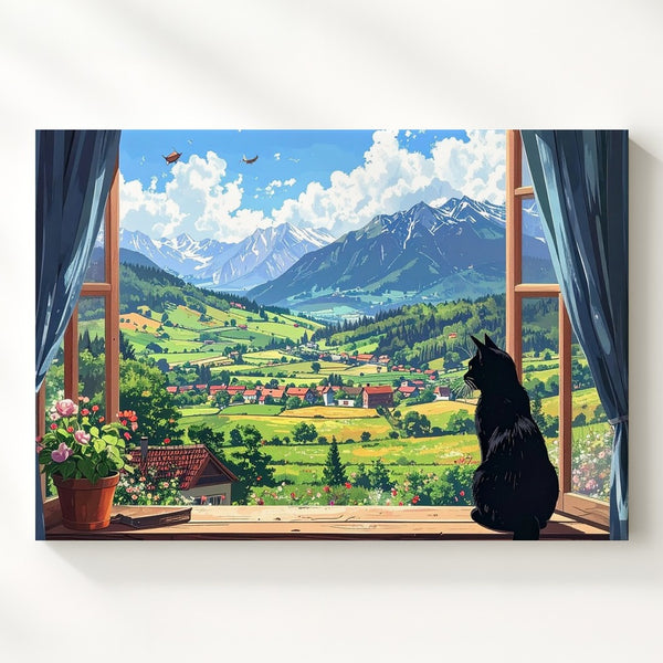 Curious Black Cat Canvas – Feline Gazing at a Magical Pastoral Landscape - Gifitto