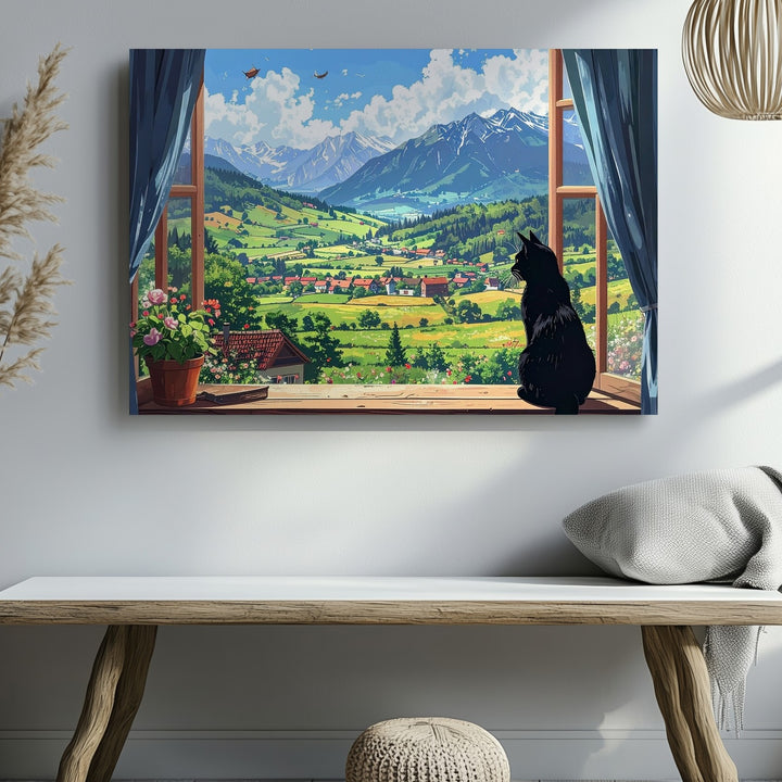 Curious Black Cat Canvas – Feline Gazing at a Magical Pastoral Landscape - Gifitto