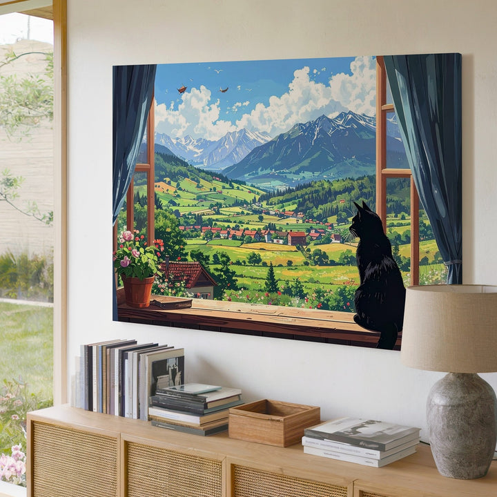 Curious Black Cat Canvas – Feline Gazing at a Magical Pastoral Landscape - Gifitto