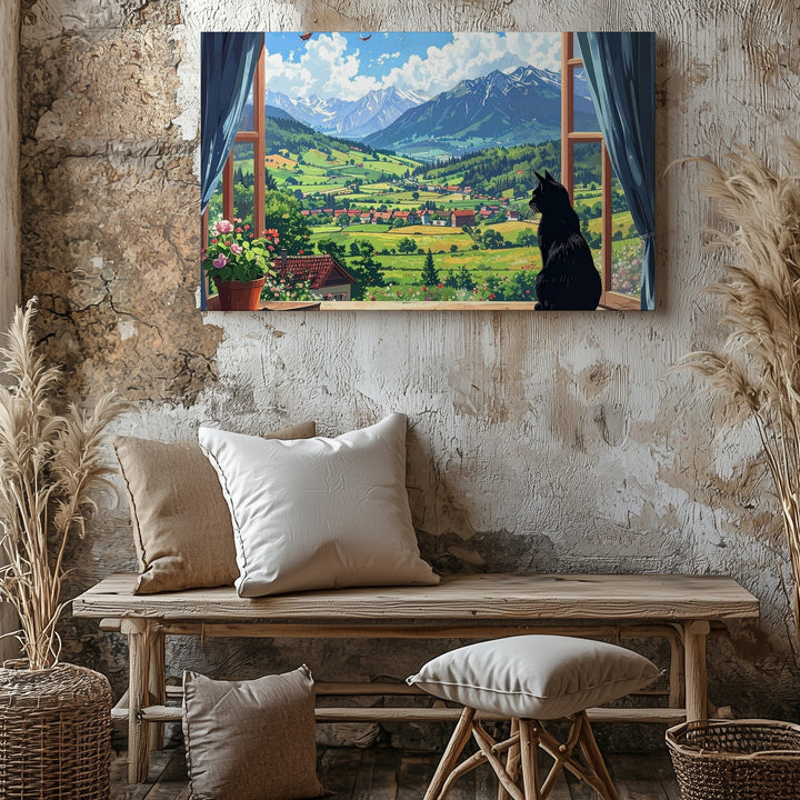 Curious Black Cat Canvas – Feline Gazing at a Magical Pastoral Landscape - Gifitto