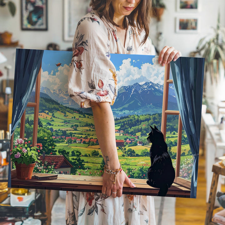 Curious Black Cat Canvas – Feline Gazing at a Magical Pastoral Landscape - Gifitto