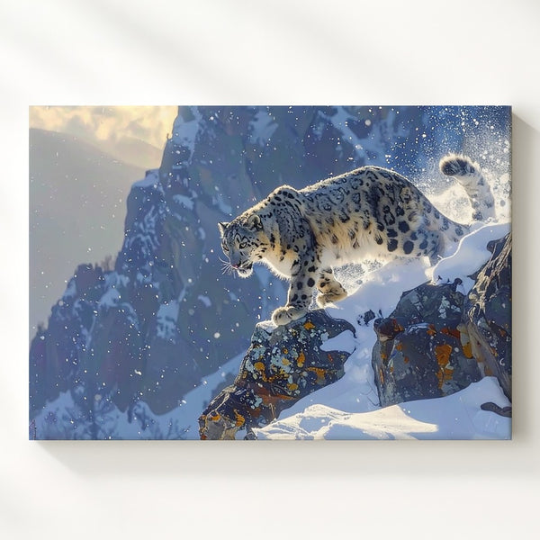 Leaping Snow Leopard Canvas – Wild Arctic Grace in Motion Wall Art - Gifitto