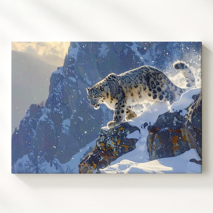 Leaping Snow Leopard Canvas – Wild Arctic Grace in Motion Wall Art - Gifitto