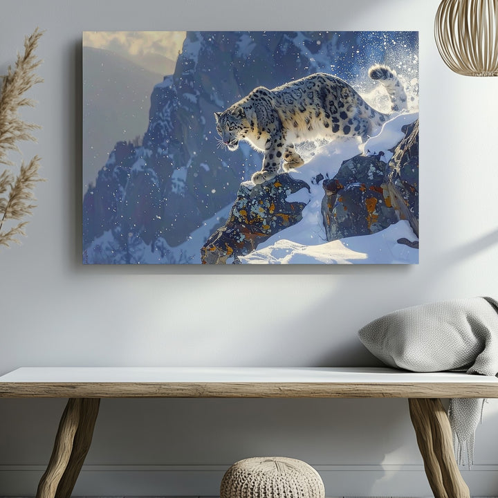 Leaping Snow Leopard Canvas – Wild Arctic Grace in Motion Wall Art - Gifitto