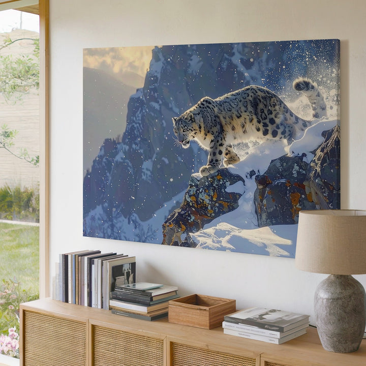 Leaping Snow Leopard Canvas – Wild Arctic Grace in Motion Wall Art - Gifitto