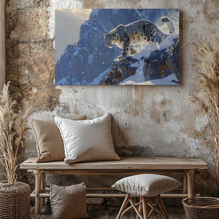 Leaping Snow Leopard Canvas – Wild Arctic Grace in Motion Wall Art - Gifitto