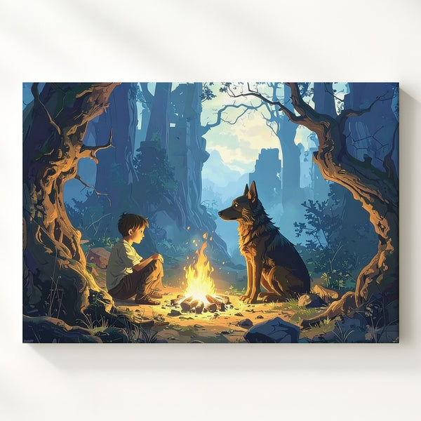 Enchanted Forest Companions Canvas – Fantasy Campfire Scene Wall Art - Gifitto