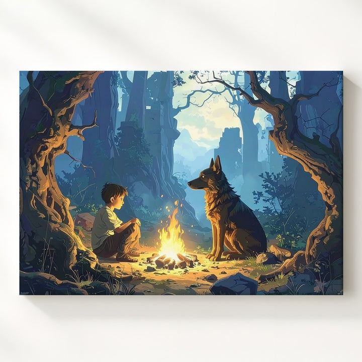 Enchanted Forest Companions Canvas – Fantasy Campfire Scene Wall Art - Gifitto