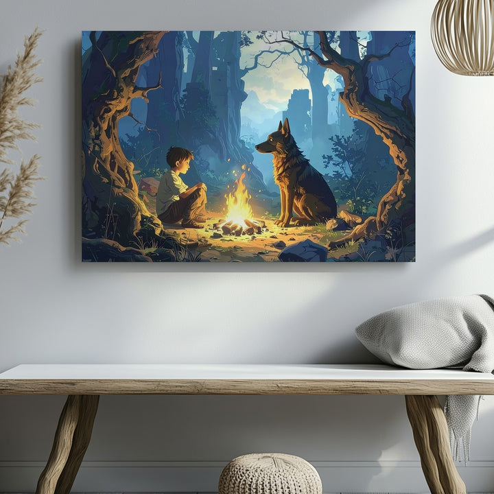 Enchanted Forest Companions Canvas – Fantasy Campfire Scene Wall Art - Gifitto