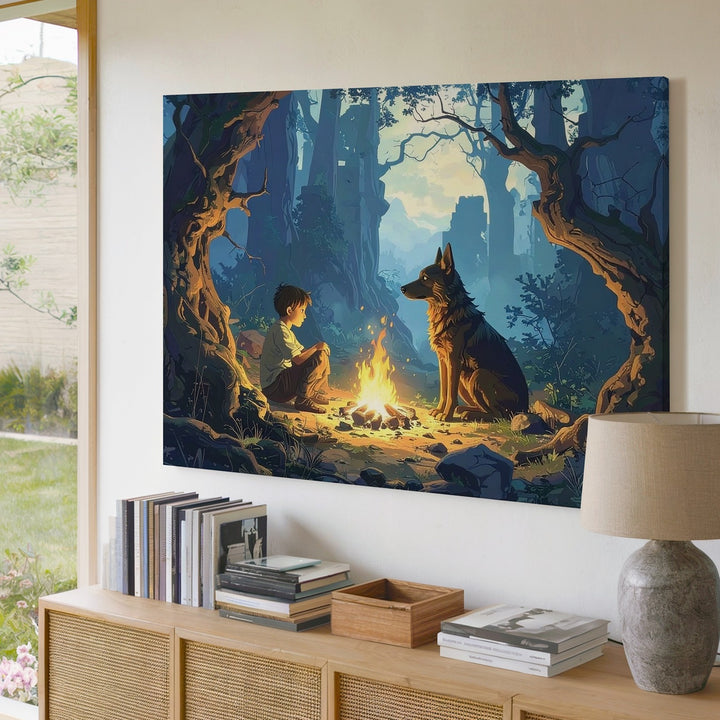 Enchanted Forest Companions Canvas – Fantasy Campfire Scene Wall Art - Gifitto