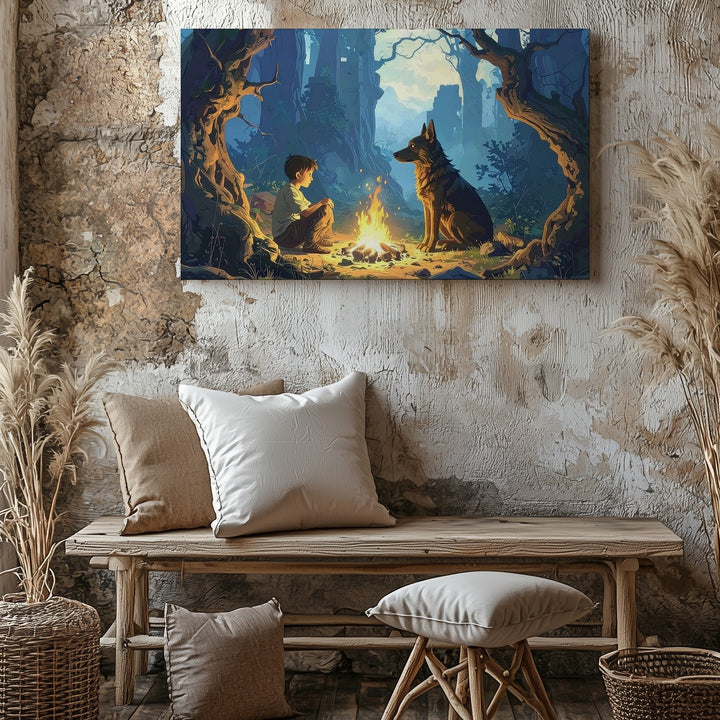 Enchanted Forest Companions Canvas – Fantasy Campfire Scene Wall Art - Gifitto