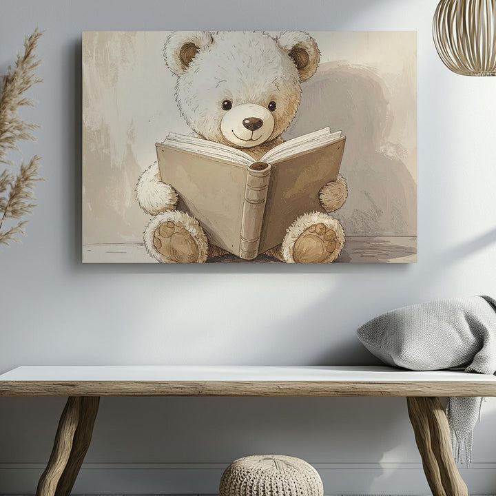 Teddy Bear Reading Book Canvas – Cozy Nursery Wall Art - Gifitto