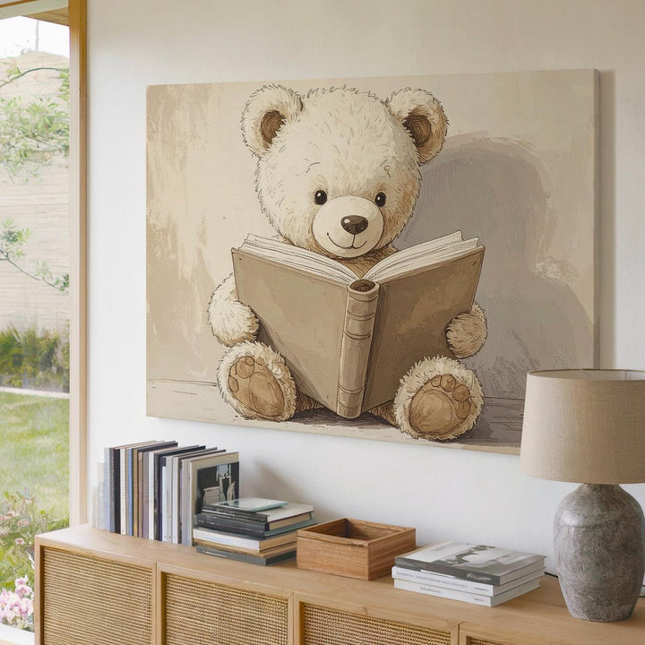 Teddy Bear Reading Book Canvas – Cozy Nursery Wall Art - Gifitto