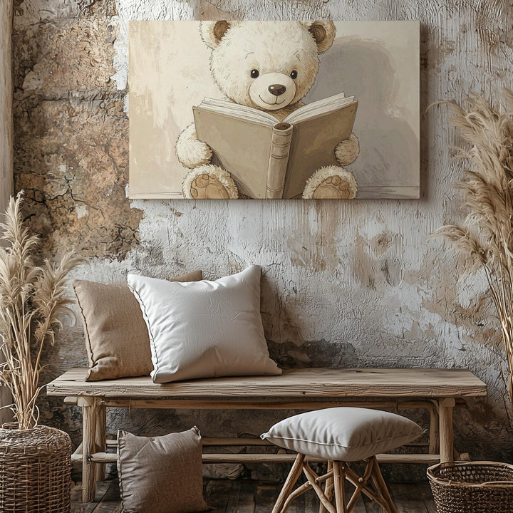 Teddy Bear Reading Book Canvas – Cozy Nursery Wall Art - Gifitto
