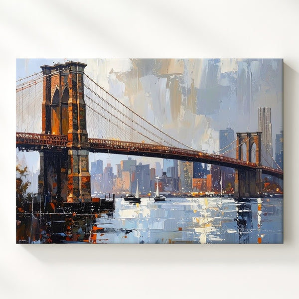Brooklyn Bridge Twilight Canvas – Textured Cityscape with Reflections - Gifitto