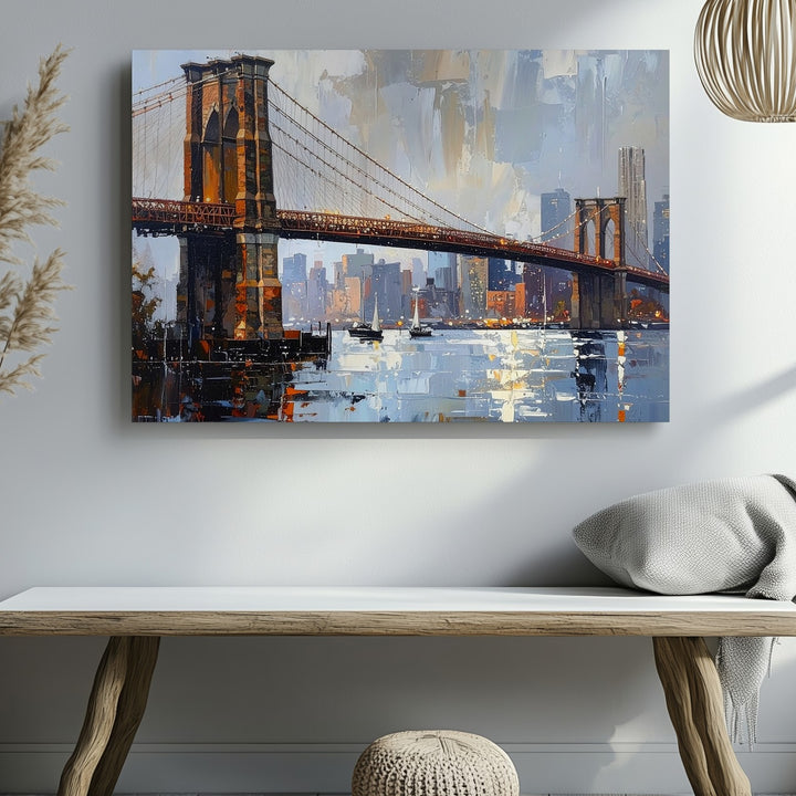 Brooklyn Bridge Twilight Canvas – Textured Cityscape with Reflections - Gifitto