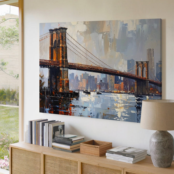 Brooklyn Bridge Twilight Canvas – Textured Cityscape with Reflections - Gifitto