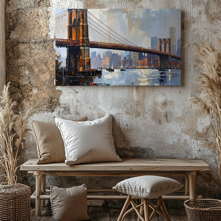 Brooklyn Bridge Twilight Canvas – Textured Cityscape with Reflections - Gifitto