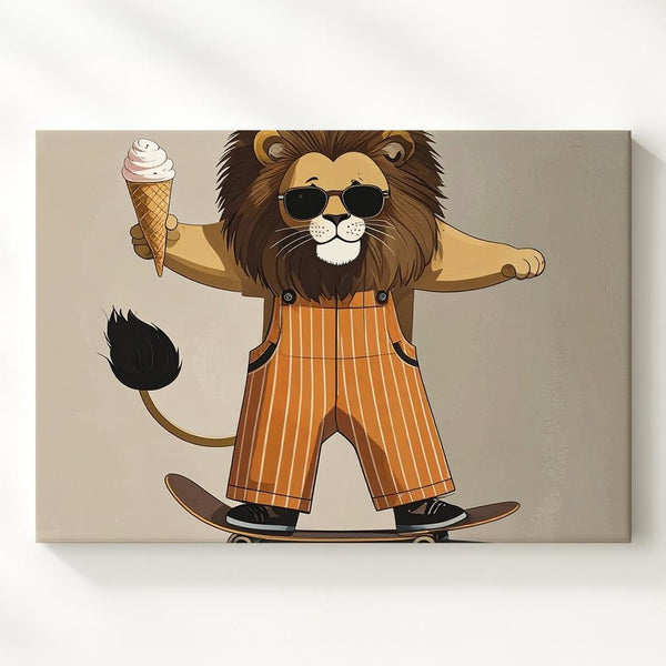 Skateboarding Lion Canvas – Whimsical Retro Animal Art with Ice Cream Vibes - Gifitto
