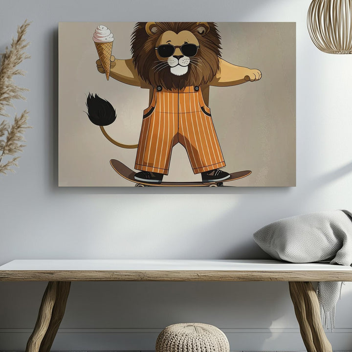 Skateboarding Lion Canvas – Whimsical Retro Animal Art with Ice Cream Vibes - Gifitto