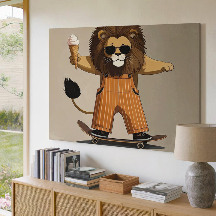 Skateboarding Lion Canvas – Whimsical Retro Animal Art with Ice Cream Vibes - Gifitto