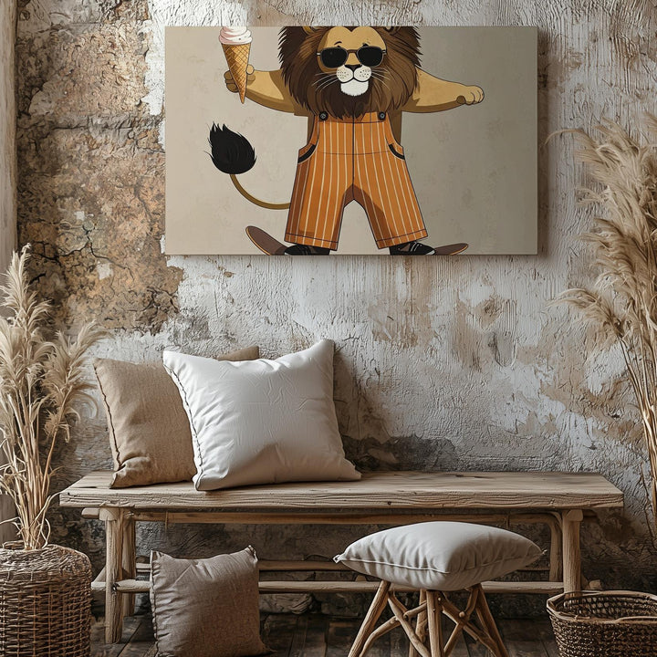 Skateboarding Lion Canvas – Whimsical Retro Animal Art with Ice Cream Vibes - Gifitto