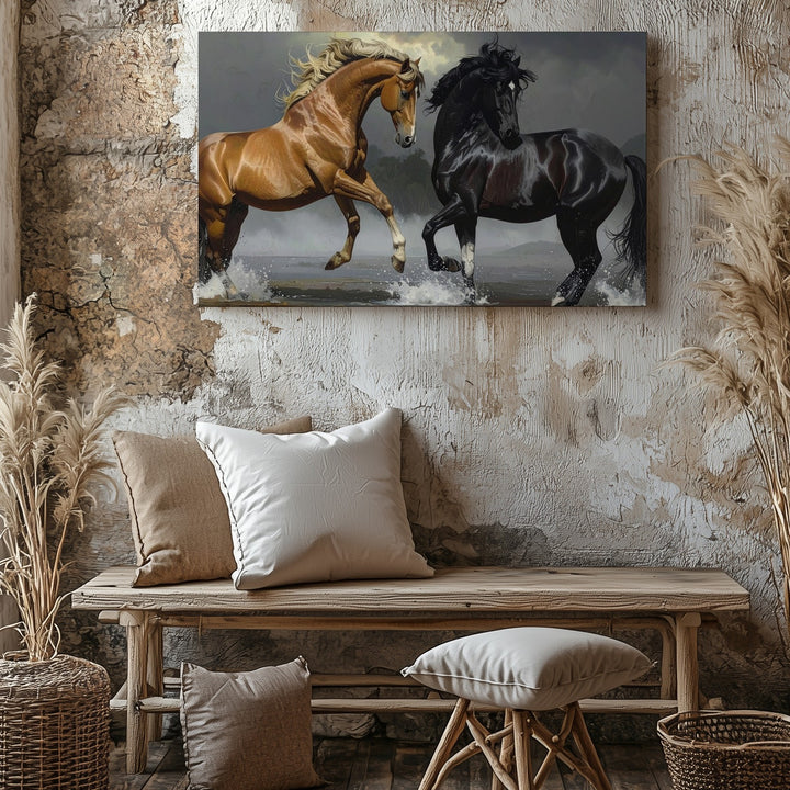 Stallions in Battle Canvas – Dramatic Equestrian Art of Power and Competition - Gifitto