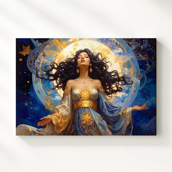 Celestial Goddess Canvas – Mystical Feminine Figure with Golden Moon Halo - Gifitto