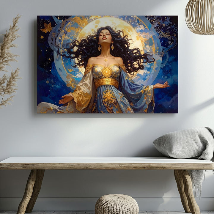 Celestial Goddess Canvas – Mystical Feminine Figure with Golden Moon Halo - Gifitto