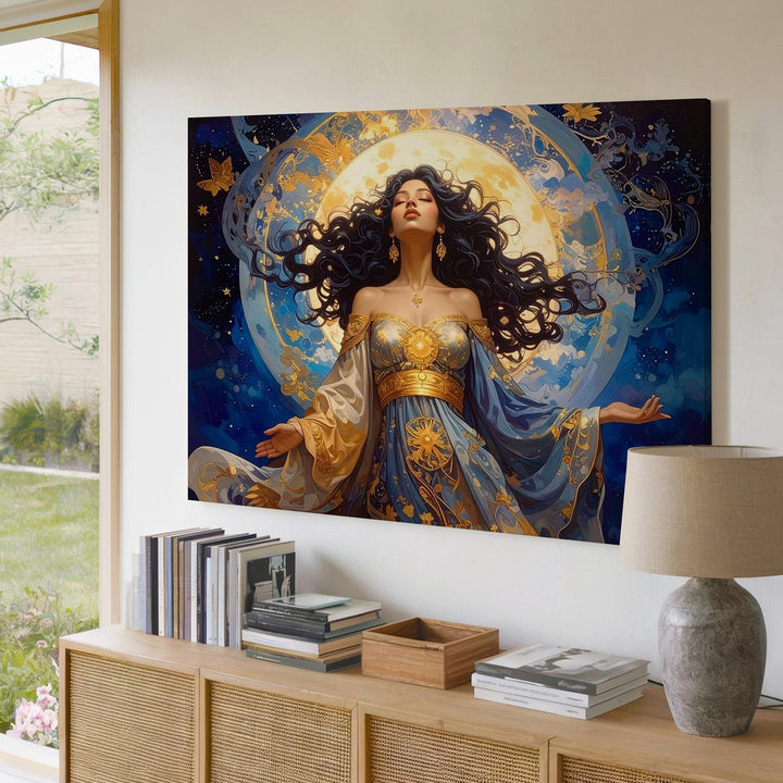 Celestial Goddess Canvas – Mystical Feminine Figure with Golden Moon Halo - Gifitto