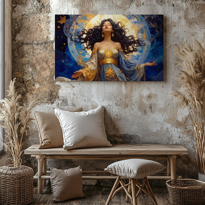 Celestial Goddess Canvas – Mystical Feminine Figure with Golden Moon Halo - Gifitto