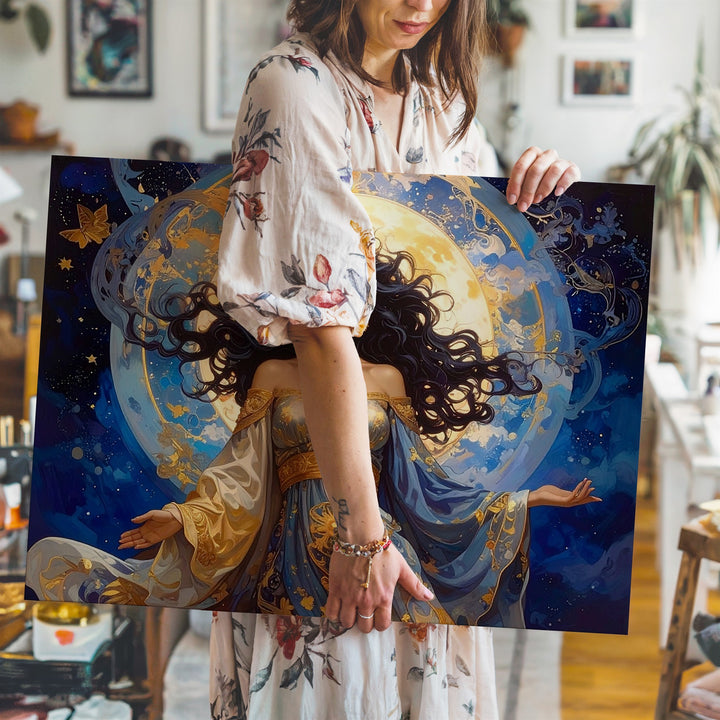 Celestial Goddess Canvas – Mystical Feminine Figure with Golden Moon Halo - Gifitto