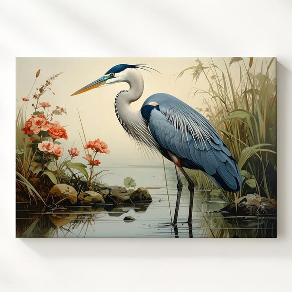 Graceful Heron in Reeds Canvas – Vertical Wetland Wildlife Art - Gifitto