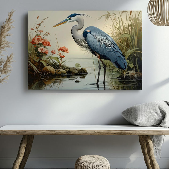 Graceful Heron in Reeds Canvas – Vertical Wetland Wildlife Art - Gifitto