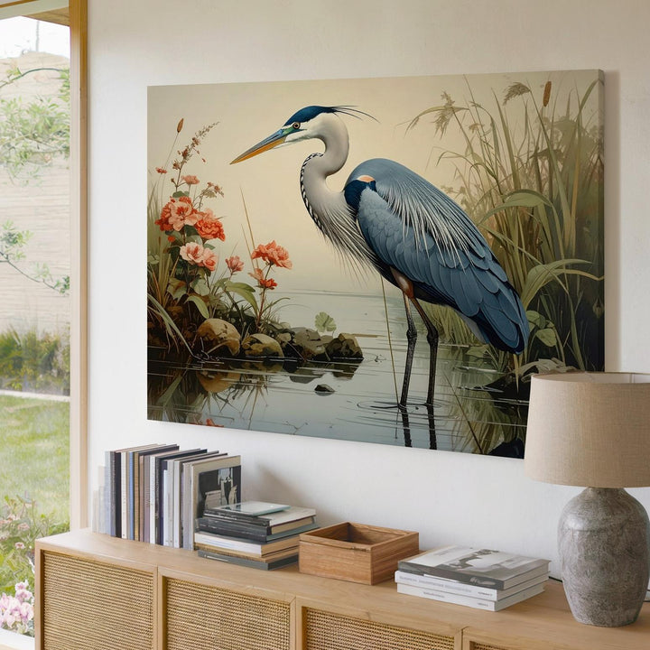 Graceful Heron in Reeds Canvas – Vertical Wetland Wildlife Art - Gifitto