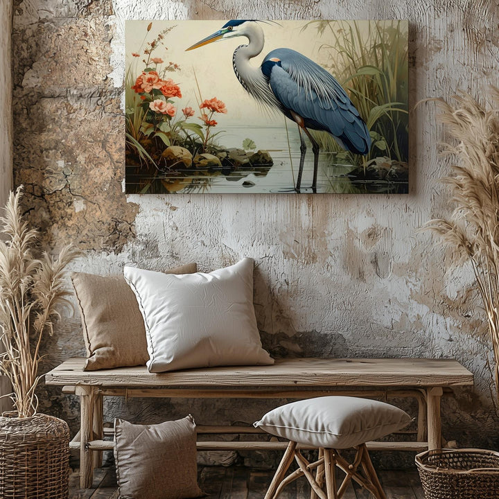 Graceful Heron in Reeds Canvas – Vertical Wetland Wildlife Art - Gifitto