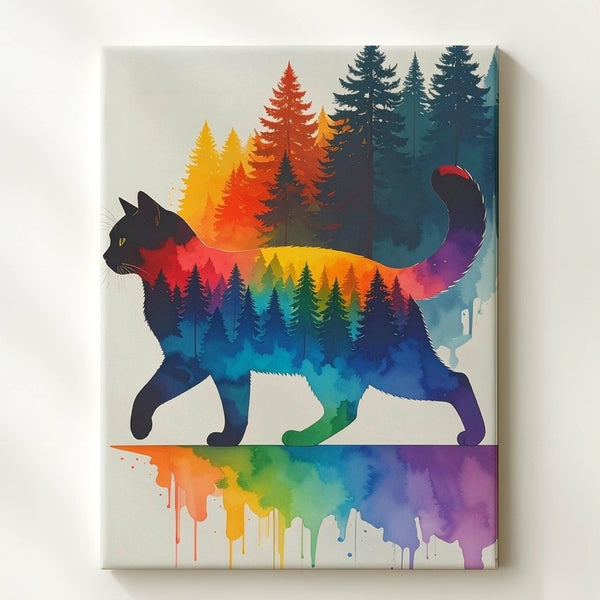 Rainbow Cat Silhouette Canvas – Watercolor Stride Feline Art - Gifitto