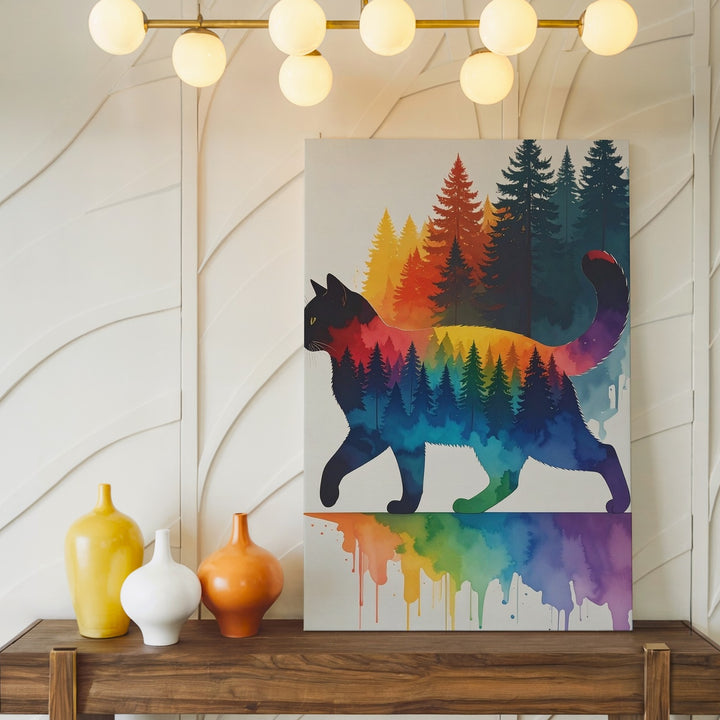 Rainbow Cat Silhouette Canvas – Watercolor Stride Feline Art - Gifitto