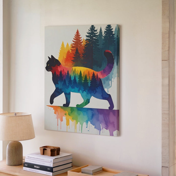 Rainbow Cat Silhouette Canvas – Watercolor Stride Feline Art - Gifitto