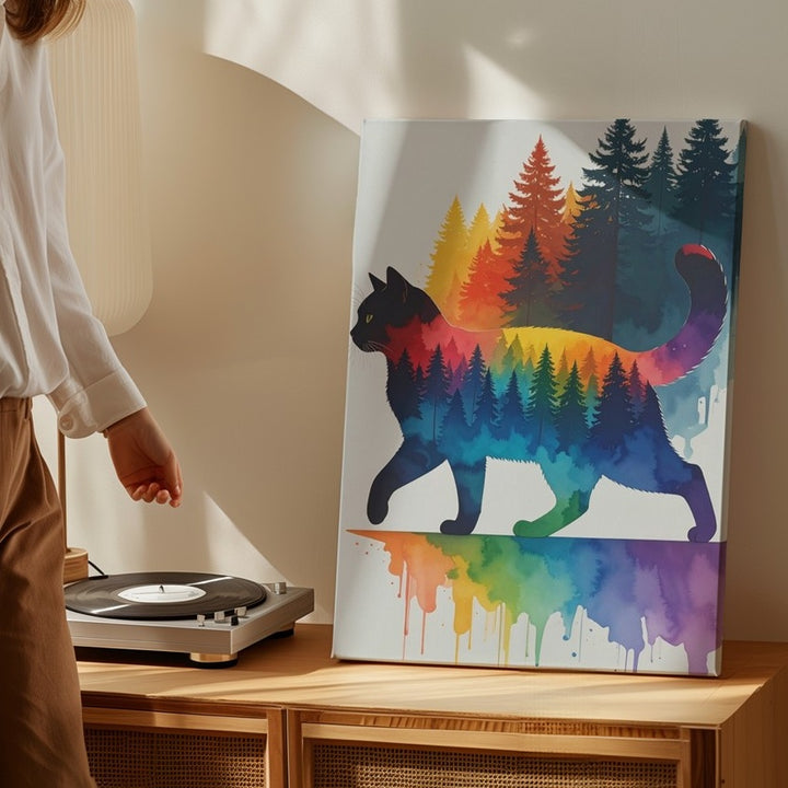 Rainbow Cat Silhouette Canvas – Watercolor Stride Feline Art - Gifitto