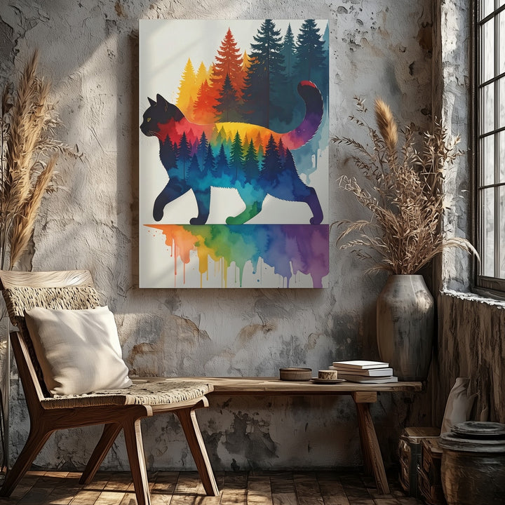 Rainbow Cat Silhouette Canvas – Watercolor Stride Feline Art - Gifitto