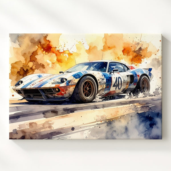 Vintage Ford GT40 Watercolor Canvas – Dynamic Endurance Race Car Art - Gifitto