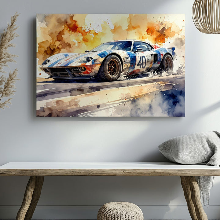 Vintage Ford GT40 Watercolor Canvas – Dynamic Endurance Race Car Art - Gifitto