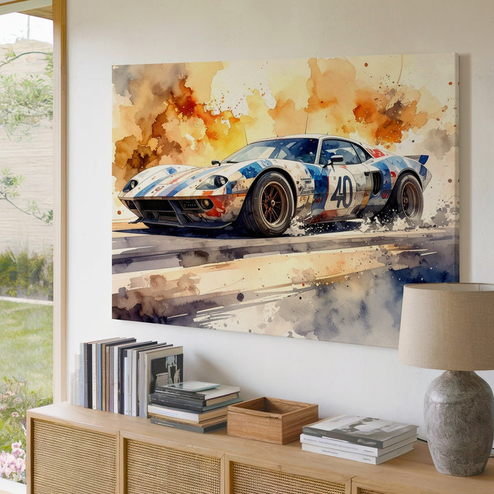Vintage Ford GT40 Watercolor Canvas – Dynamic Endurance Race Car Art - Gifitto
