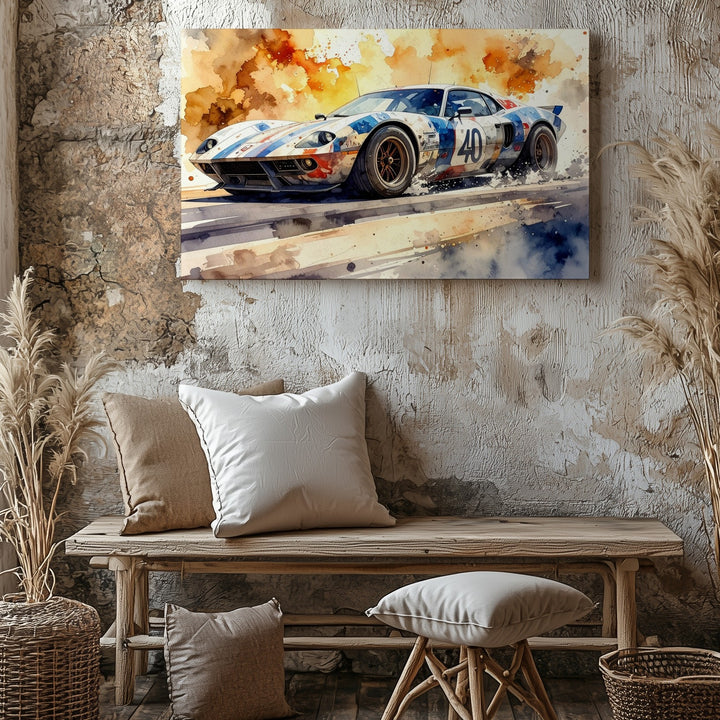 Vintage Ford GT40 Watercolor Canvas – Dynamic Endurance Race Car Art - Gifitto