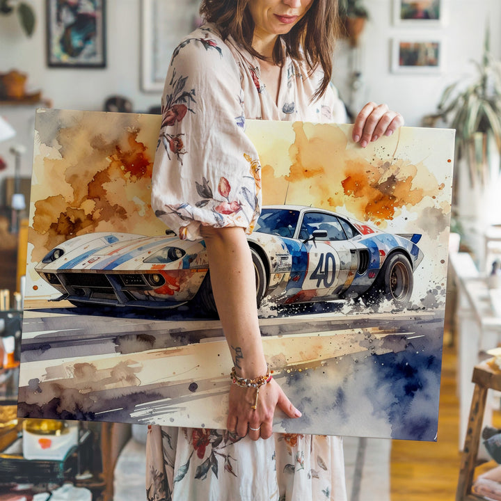 Vintage Ford GT40 Watercolor Canvas – Dynamic Endurance Race Car Art - Gifitto